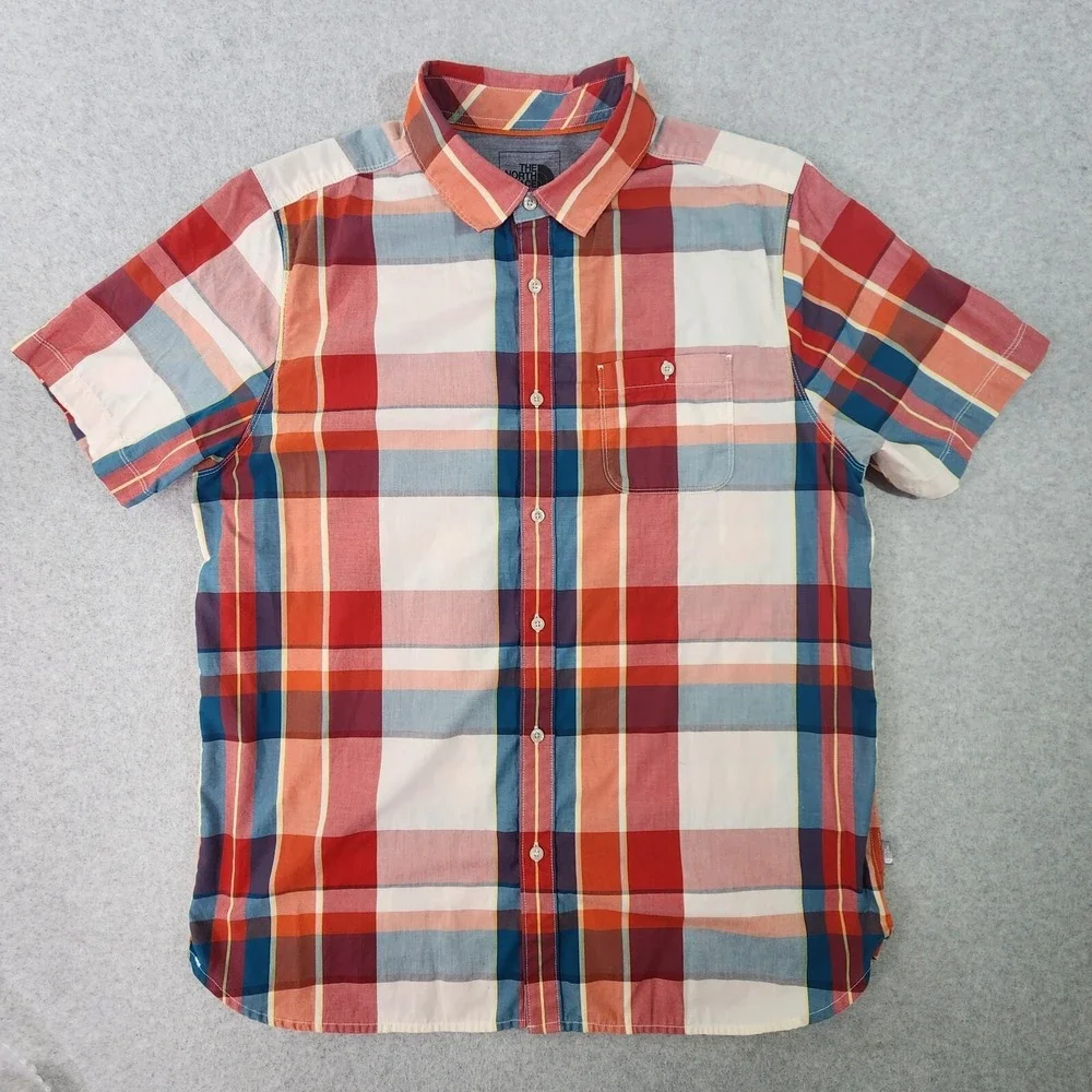 The North Face Shirt Mens XL Orange Red White Madras Short Sleeve Button‎ Up